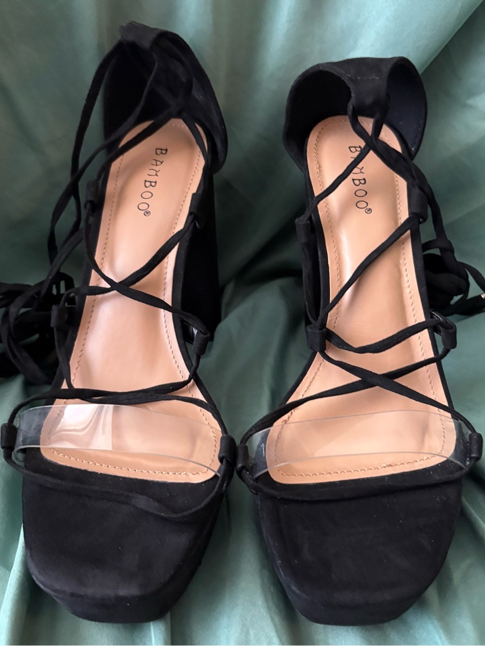 BAMBOO Black Strappy Platform Block Heels